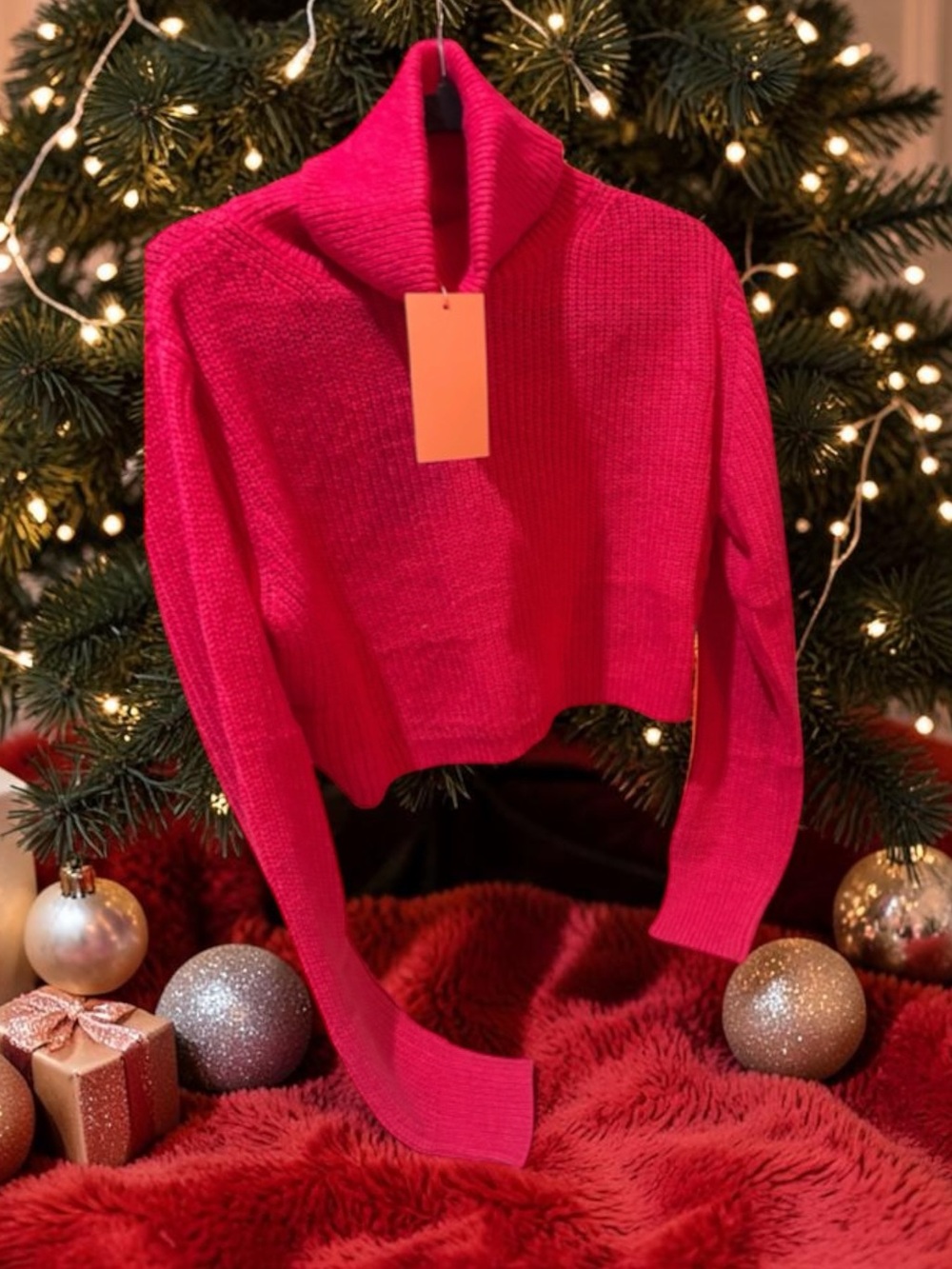 Cropped Red Cowl Neck Sweater